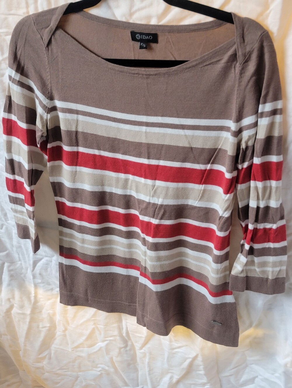 Women’s Taupe Striped Boatneck Top with Red Accent